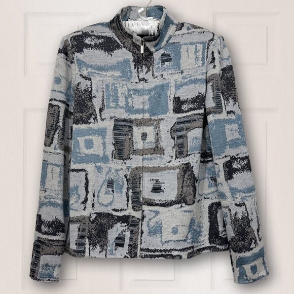 St John Womens Sweater Blue/Gray Abstract Pattern Zipper Wool Blend Knit Med. - Picture 1 of 7